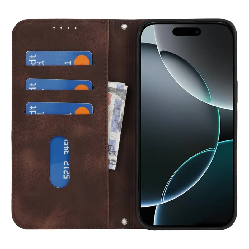 For iPhone 16 Pro Max Stand Case Magnetic Closure Skin Touch Leather Flip Phone Cover with Wallet - Coffee