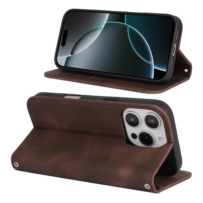 For iPhone 16 Pro Max Stand Case Magnetic Closure Skin Touch Leather Flip Phone Cover with Wallet - Coffee