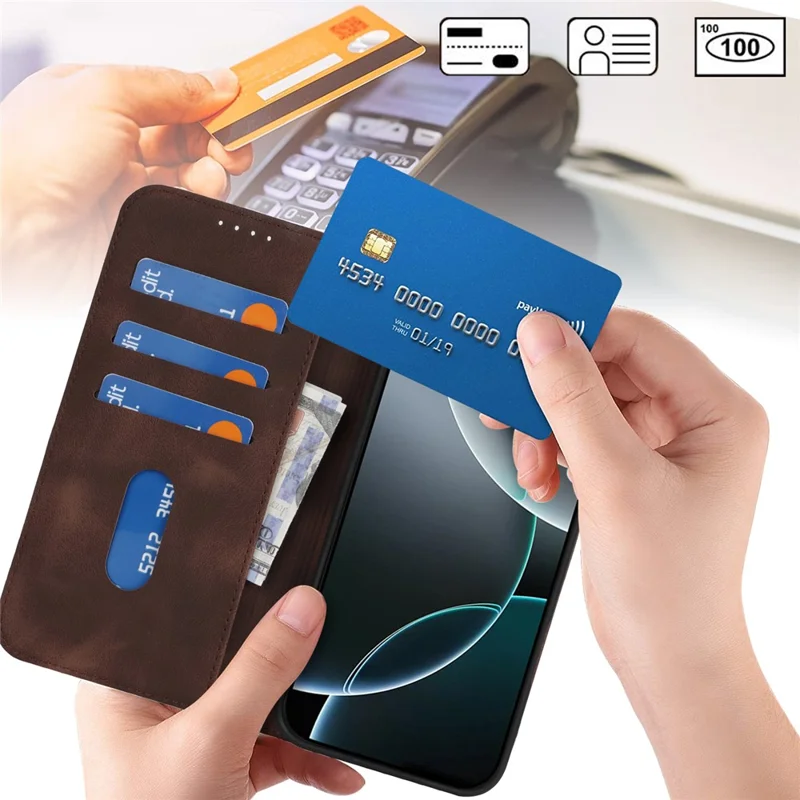 For iPhone 16 Pro Max Stand Case Magnetic Closure Skin Touch Leather Flip Phone Cover with Wallet - Coffee