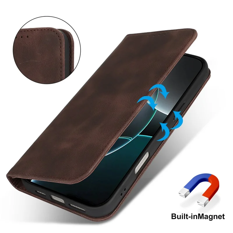 For iPhone 16 Pro Max Stand Case Magnetic Closure Skin Touch Leather Flip Phone Cover with Wallet - Coffee