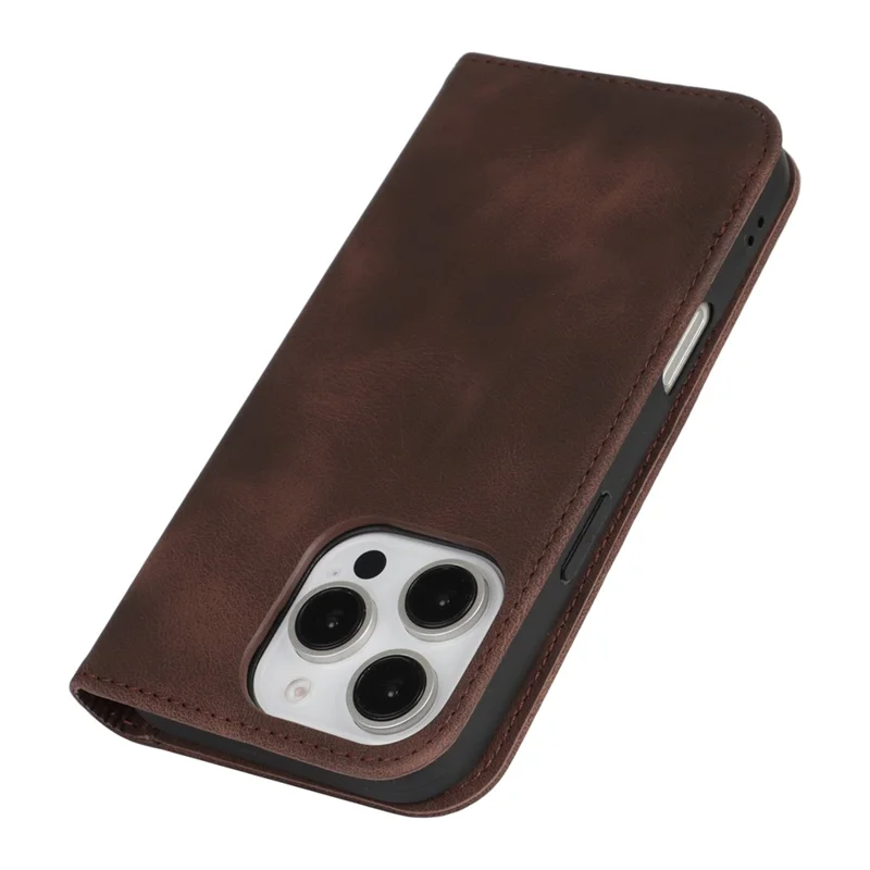For iPhone 16 Pro Max Stand Case Magnetic Closure Skin Touch Leather Flip Phone Cover with Wallet - Coffee