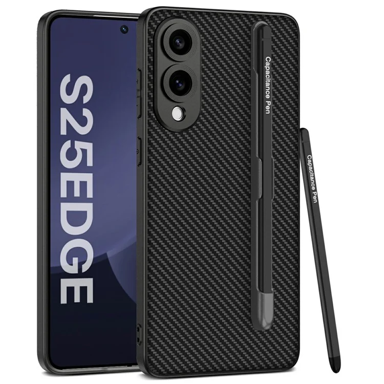 For Samsung Galaxy S25 Edge Case Skin-Touch PU Leather + PC Phone Cover with Stylus - Carbon Fiber Texture