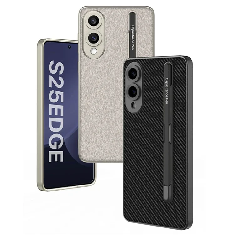 For Samsung Galaxy S25 Edge Case Skin-Touch PU Leather + PC Phone Cover with Stylus - Carbon Fiber Texture
