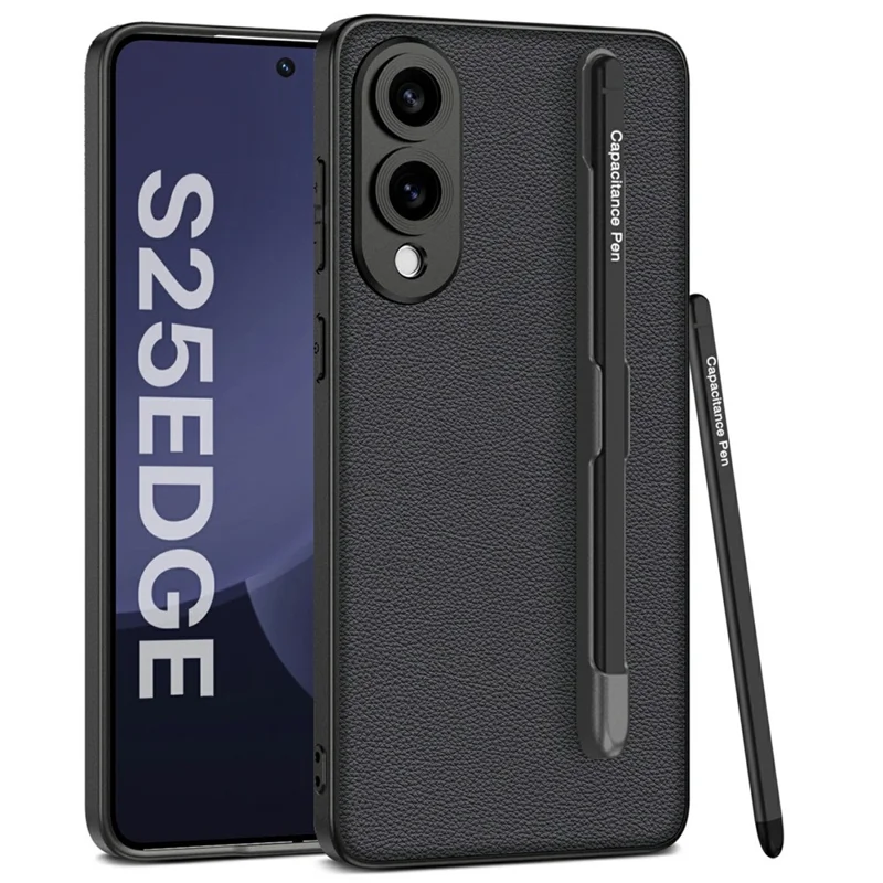 For Samsung Galaxy S25 Edge Case Skin-Touch PU Leather + PC Phone Cover with Stylus - Titanium Black