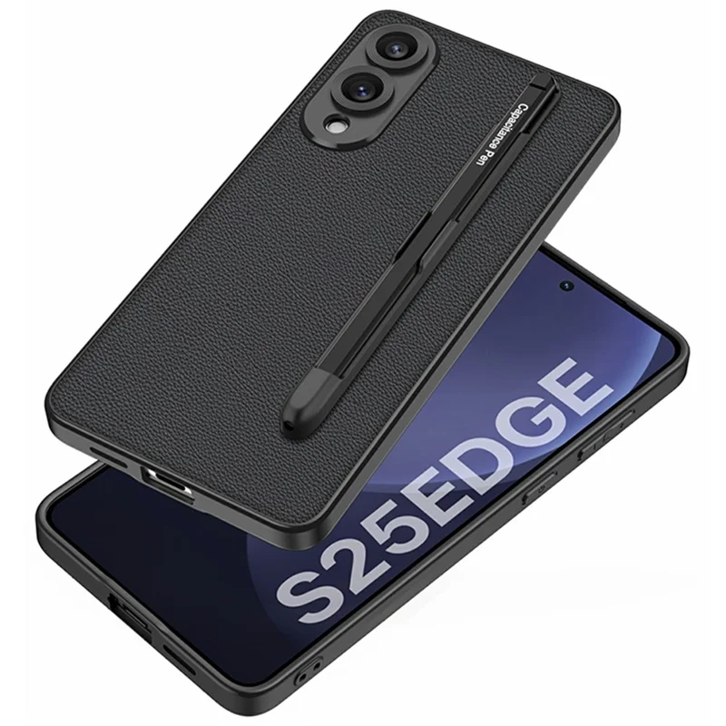 For Samsung Galaxy S25 Edge Case Skin-Touch PU Leather + PC Phone Cover with Stylus - Titanium Black