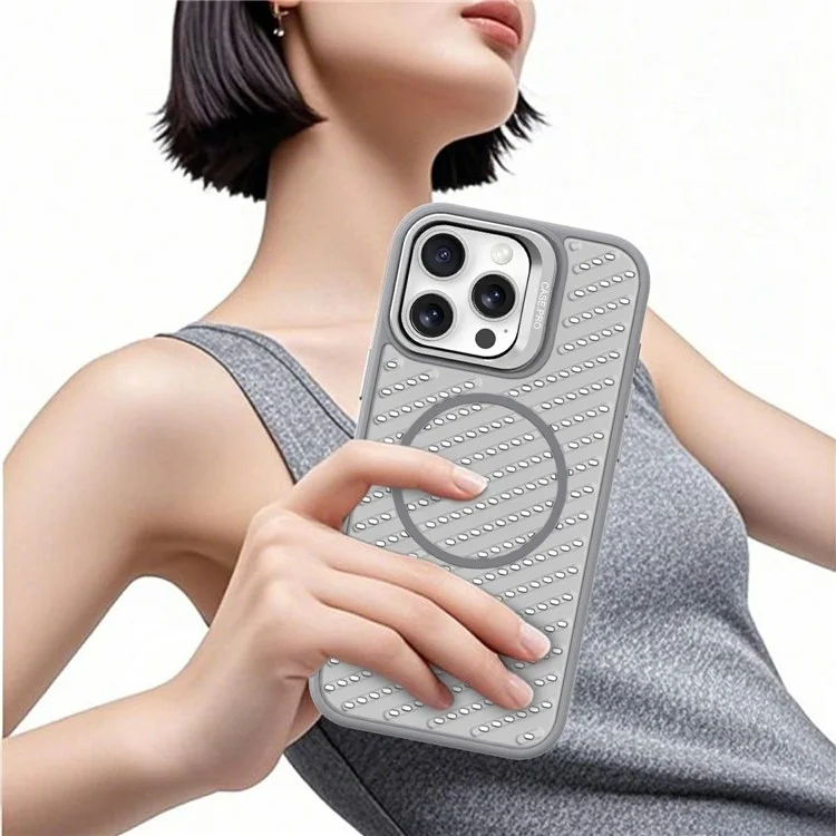 For iPhone 16 Pro Magnetic Case PC TPU Back Cover Hollow Design with Lens Kickstand - Grey