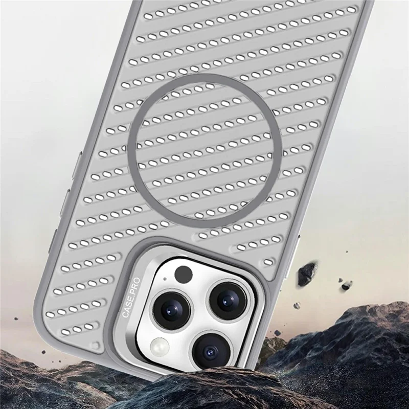 For iPhone 16 Pro Max Magnetic Case PC TPU Back Cover Hollow Design with Lens Kickstand - Dark Purple