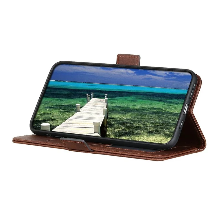 For iPhone 17 Air Case Stand Cowhide Texture PU Leather Phone Cover - Brown