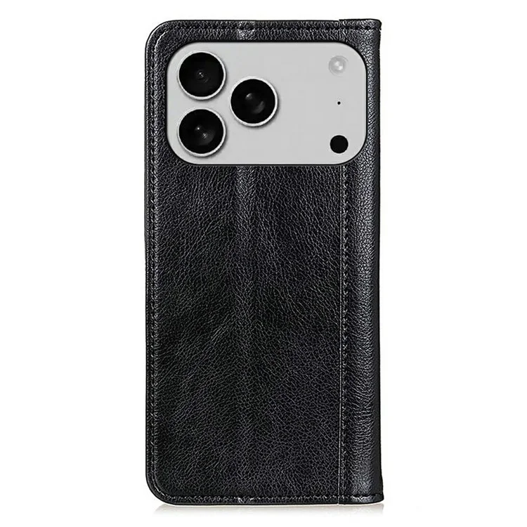 Чехол-подставка для iPhone 17 Pro из натуральной кожи с текстурой лича, с отделением для карт - Черный