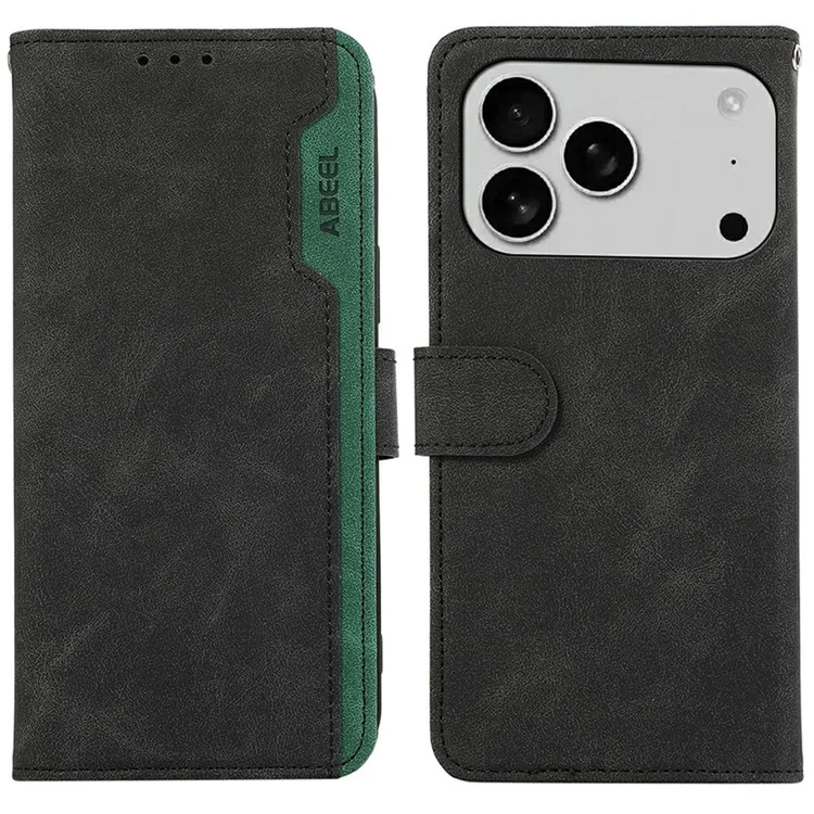 Чехол ABEEL для iPhone 17 Pro с цветными вставками из кожи, откидной, с блокировкой RFID - Черный