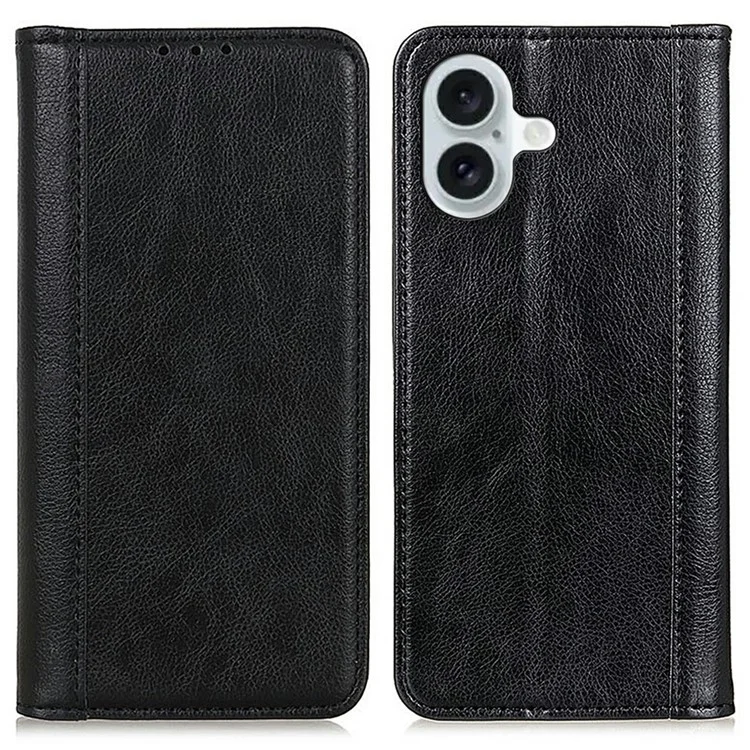 For iPhone 17 Stand Case Split Leather Litchi Texture Wallet Phone Cover - Black