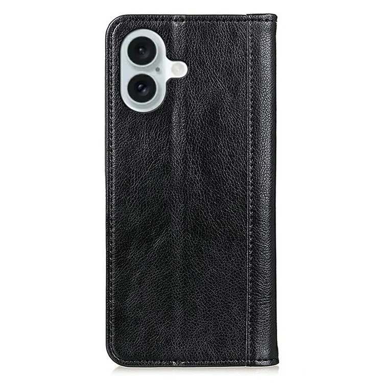 For iPhone 17 Stand Case Split Leather Litchi Texture Wallet Phone Cover - Black