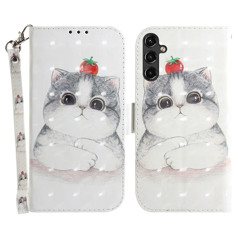 For Samsung Galaxy A14 5G / A14 4G Cover 3D Pattern PU Leather Stand Case with Strap - Cute Cat