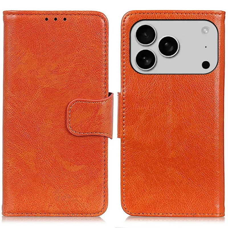 For iPhone 17 Pro Case Nappa Texture Split Leather Wallet Phone Cover - Orange
