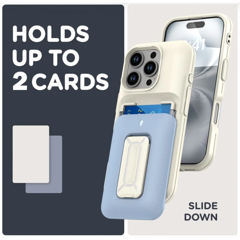For iPhone 16 Pro Max Case Card Holder Kickstand TPU + PC Shockproof Phone Cover - Beige + Baby Blue