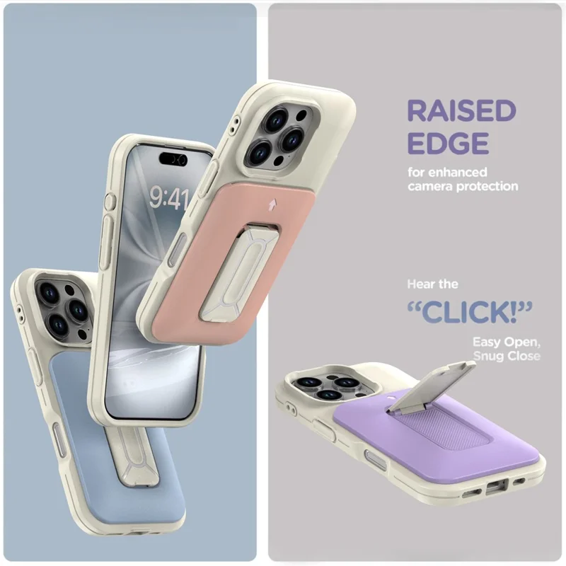 For iPhone 16 Pro Max Case Card Holder Kickstand TPU + PC Shockproof Phone Cover - Beige + Baby Blue