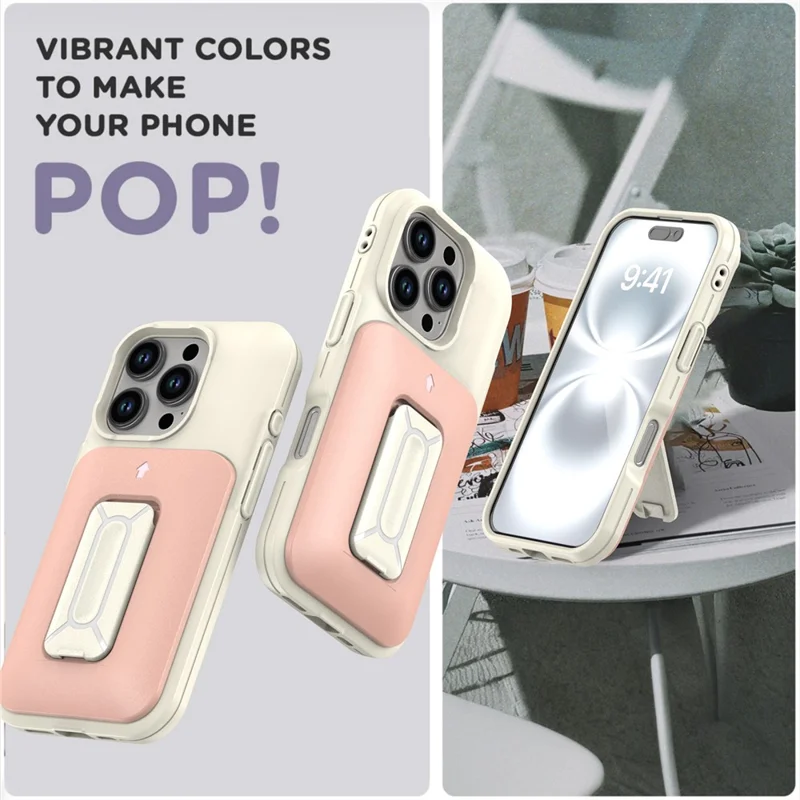 For iPhone 16 Pro Max Case Card Holder Kickstand TPU + PC Shockproof Phone Cover - Beige + Baby Blue