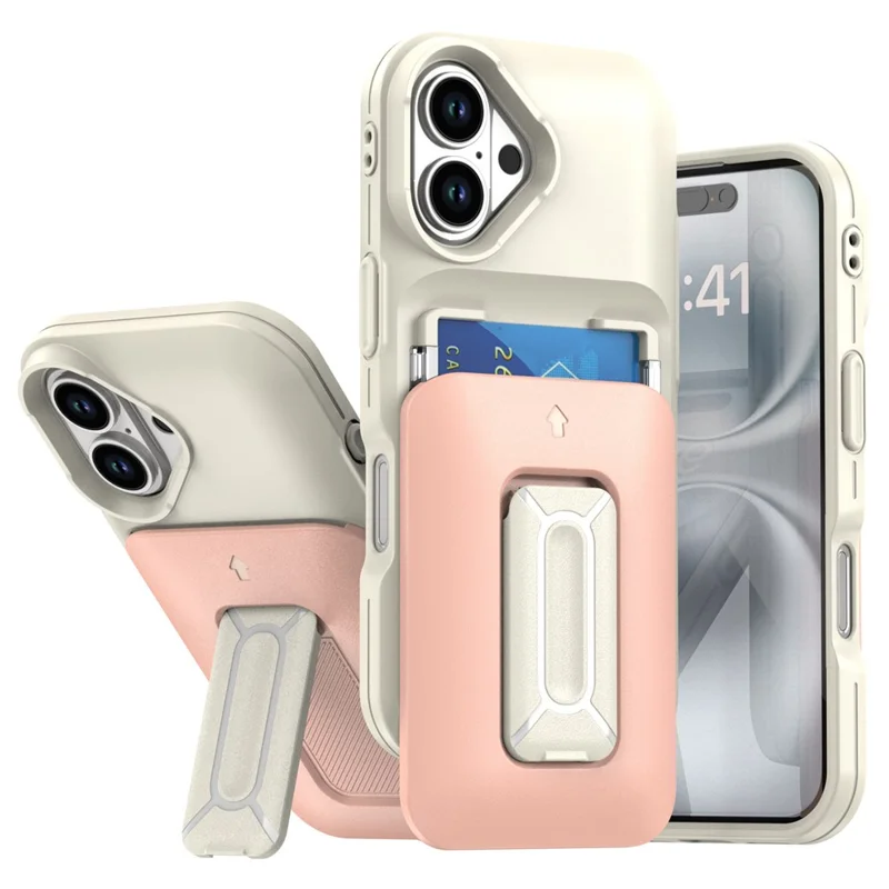 For iPhone 16 Case Card Holder Kickstand TPU + PC Shockproof Phone Cover - Beige + Light Pink