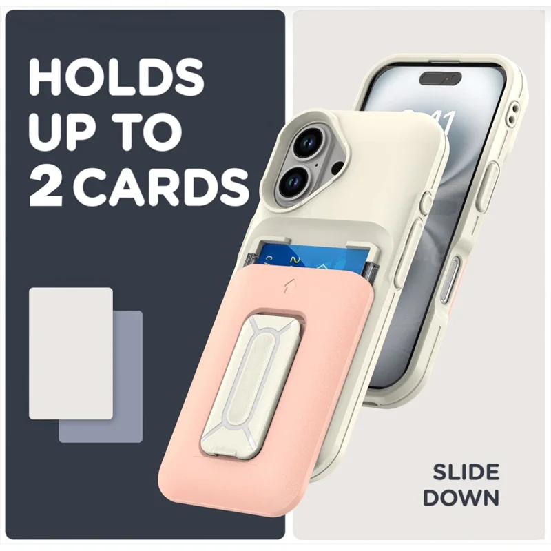 For iPhone 16 Case Card Holder Kickstand TPU + PC Shockproof Phone Cover - Beige + Light Pink