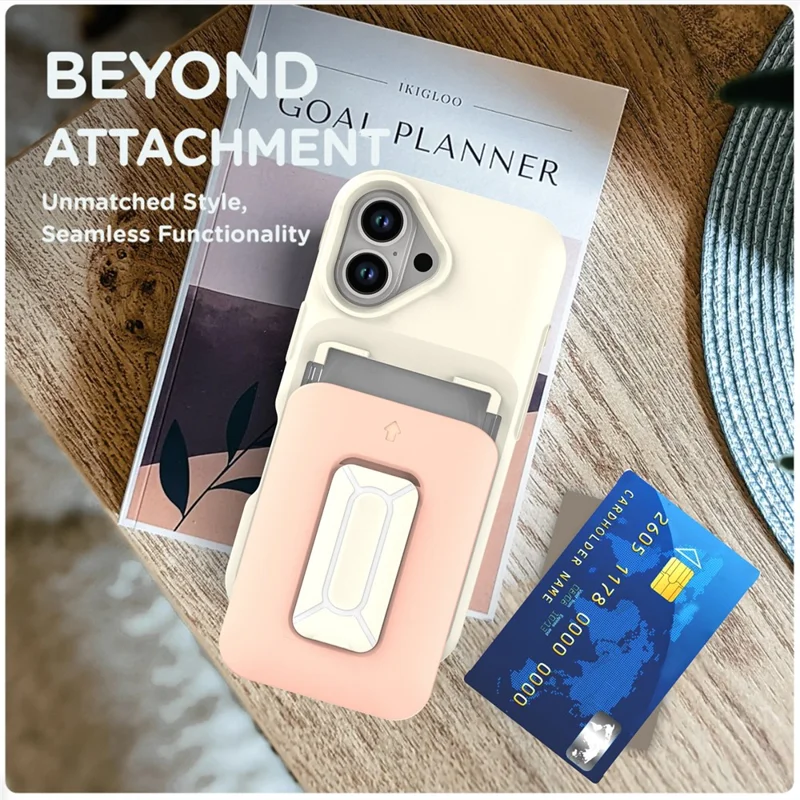 For iPhone 16 Case Card Holder Kickstand TPU + PC Shockproof Phone Cover - Beige + Light Pink