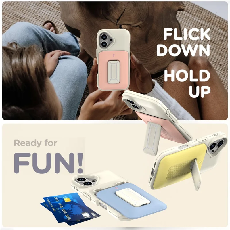 For iPhone 16 Case Card Holder Kickstand TPU + PC Shockproof Phone Cover - Beige + Light Pink
