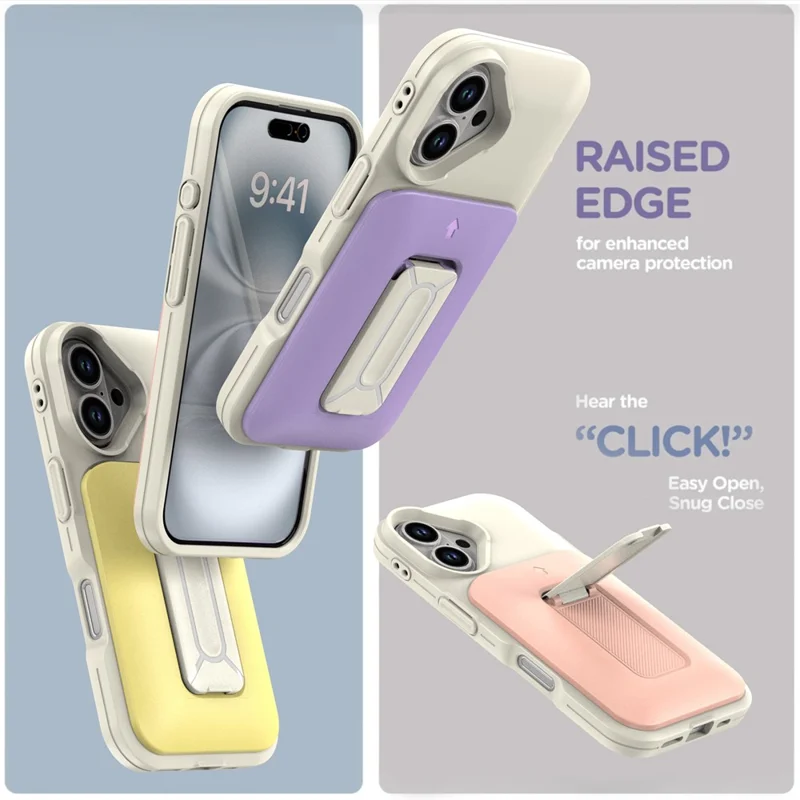 For iPhone 16 Case Card Holder Kickstand TPU + PC Shockproof Phone Cover - Beige + Light Pink