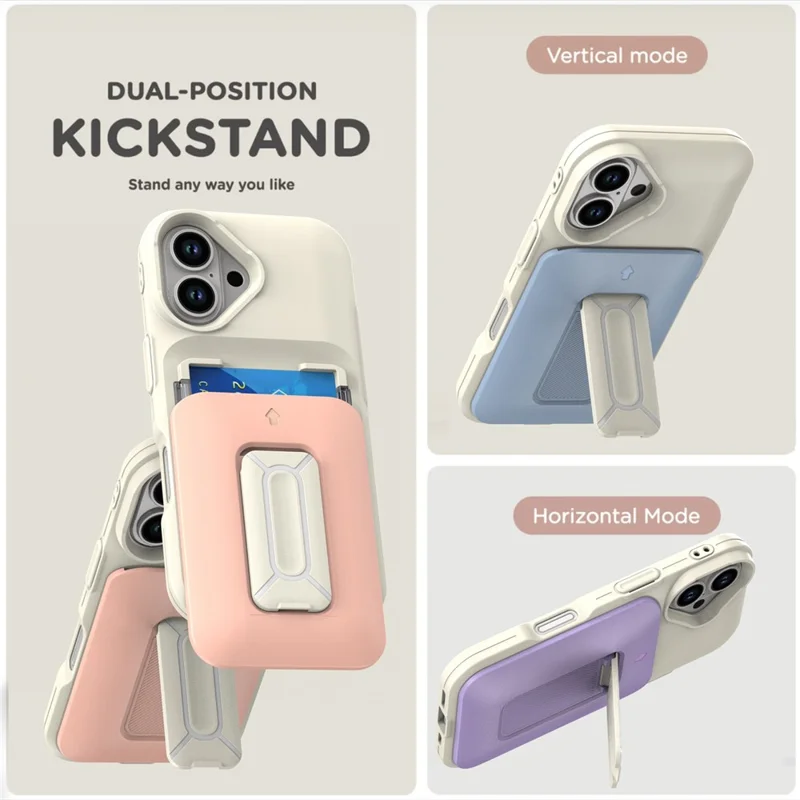 For iPhone 16 Case Card Holder Kickstand TPU + PC Shockproof Phone Cover - Beige + Light Pink