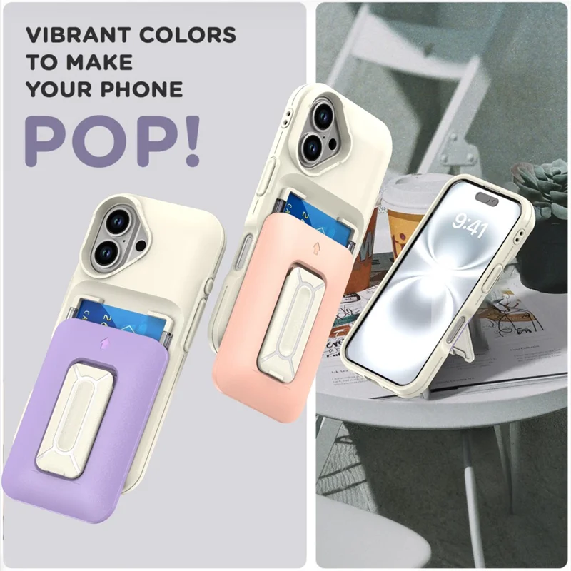 For iPhone 16 Case Card Holder Kickstand TPU + PC Shockproof Phone Cover - Beige + Light Pink