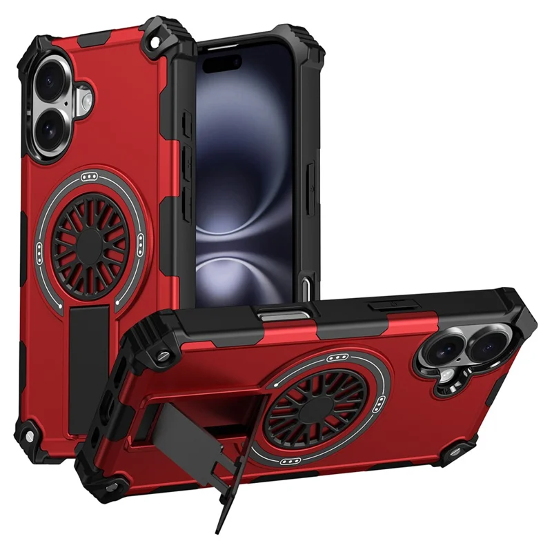 For iPhone 16 Magnetic Case Kickstand TPU + PC Drop Defend Phone Cover - Red