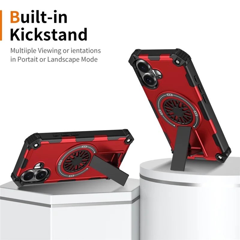 For iPhone 16 Magnetic Case Kickstand TPU + PC Drop Defend Phone Cover - Red