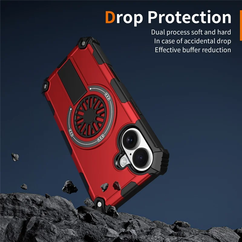 For iPhone 16 Magnetic Case Kickstand TPU + PC Drop Defend Phone Cover - Red