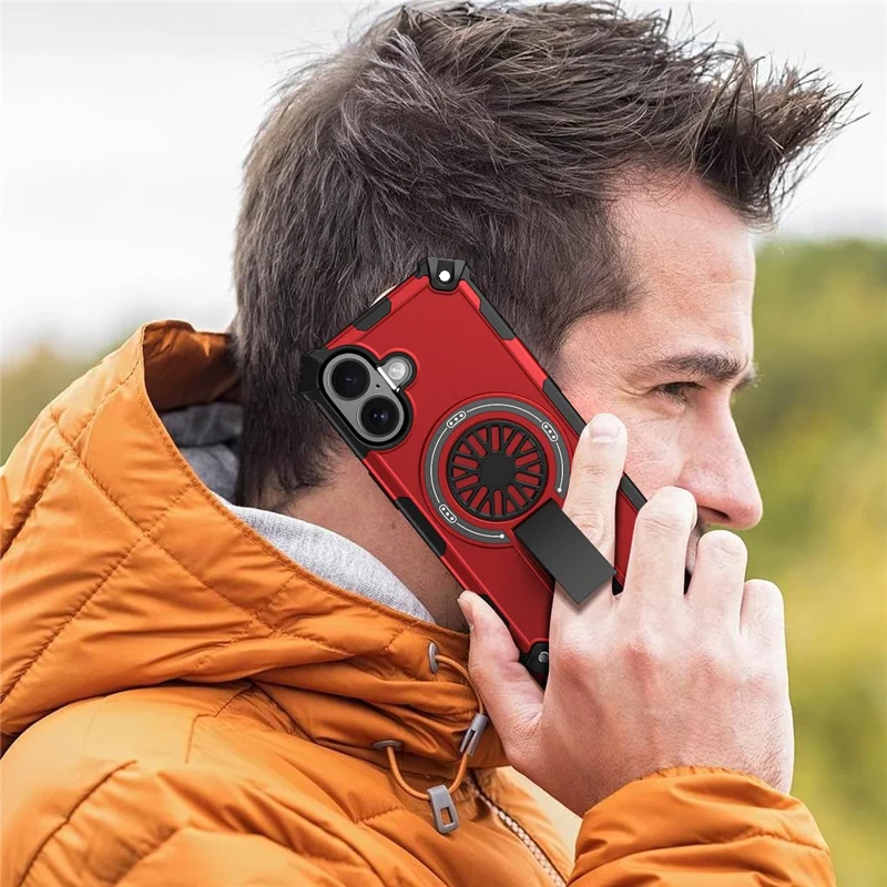 For iPhone 16 Magnetic Case Kickstand TPU + PC Drop Defend Phone Cover - Red