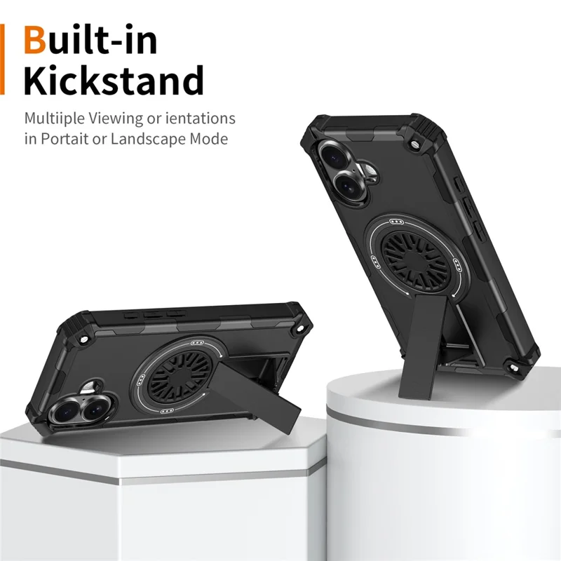 For iPhone 16 Magnetic Case Kickstand TPU + PC Drop Defend Phone Cover - Black