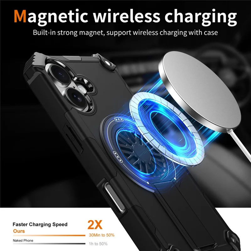 For iPhone 16 Magnetic Case Kickstand TPU + PC Drop Defend Phone Cover - Black