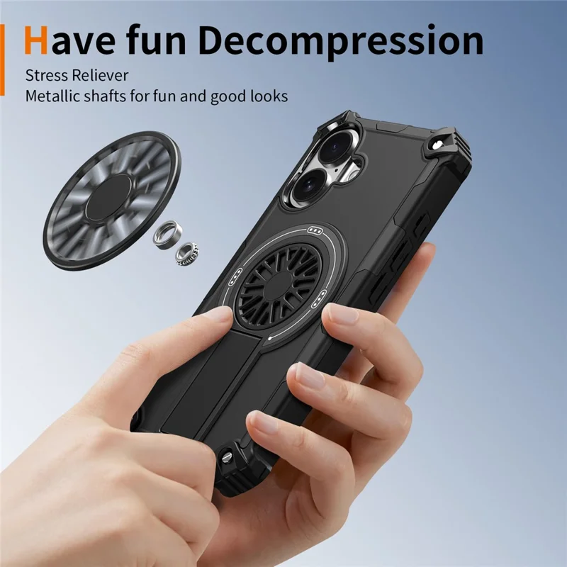 For iPhone 16 Magnetic Case Kickstand TPU + PC Drop Defend Phone Cover - Black