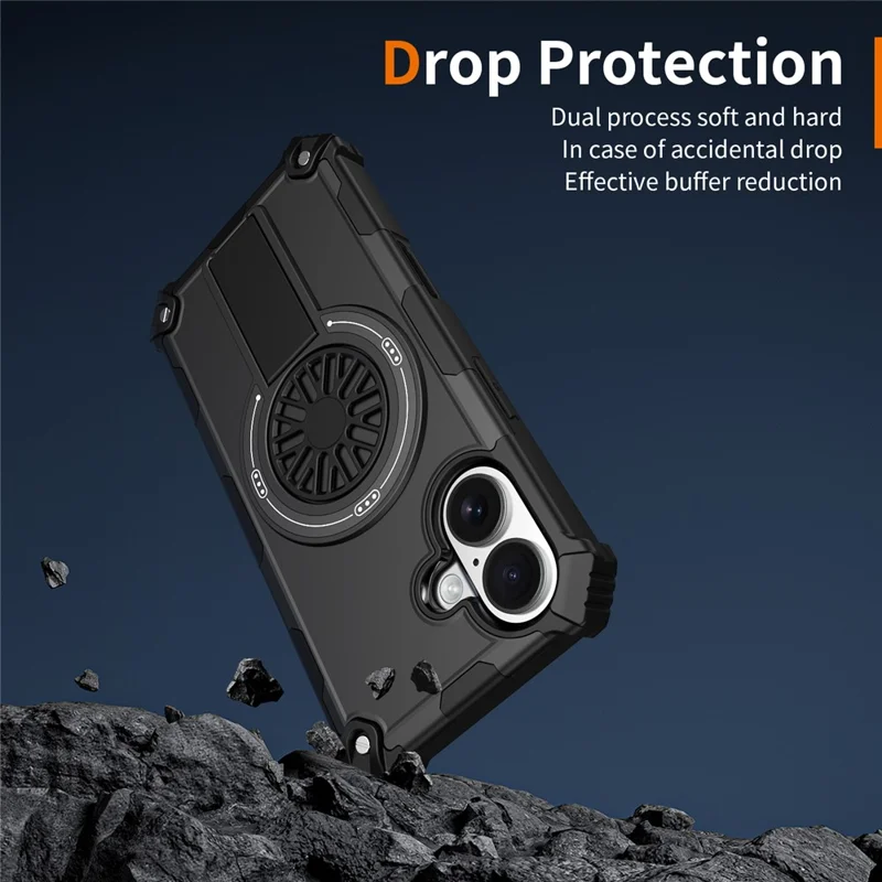 For iPhone 16 Magnetic Case Kickstand TPU + PC Drop Defend Phone Cover - Black