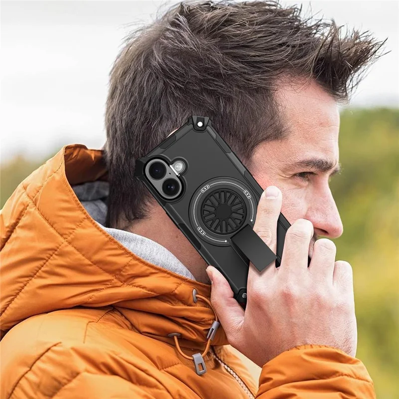 For iPhone 16 Magnetic Case Kickstand TPU + PC Drop Defend Phone Cover - Black