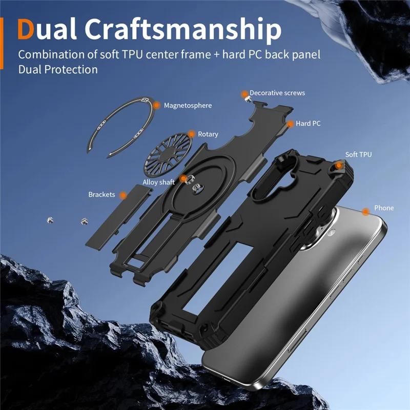 For iPhone 16 Magnetic Case Kickstand TPU + PC Drop Defend Phone Cover - Black