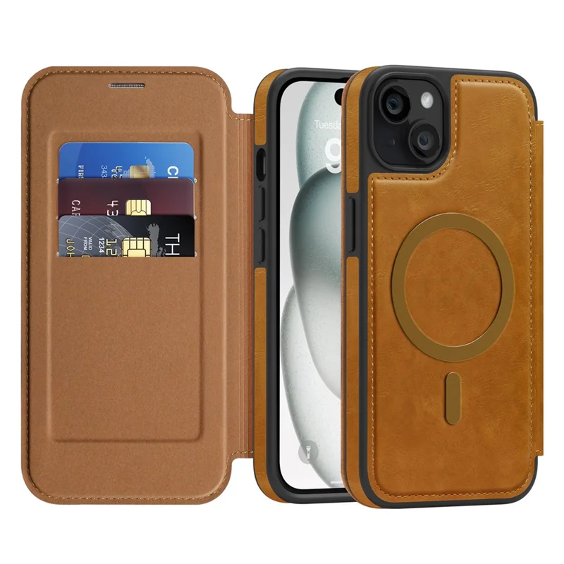 For iPhone 15 Plus Case Compatible with MagSafe RFID Blocking Card Holder Leather Phone Cover - Brown
