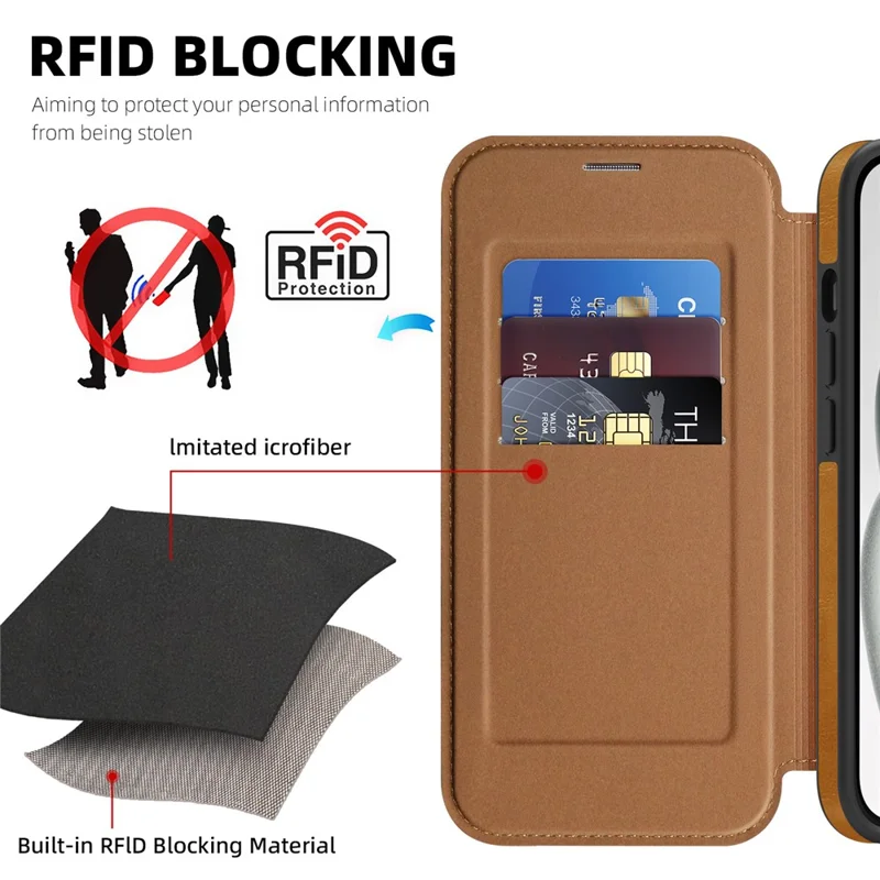 For iPhone 15 Plus Case Compatible with MagSafe RFID Blocking Card Holder Leather Phone Cover - Brown