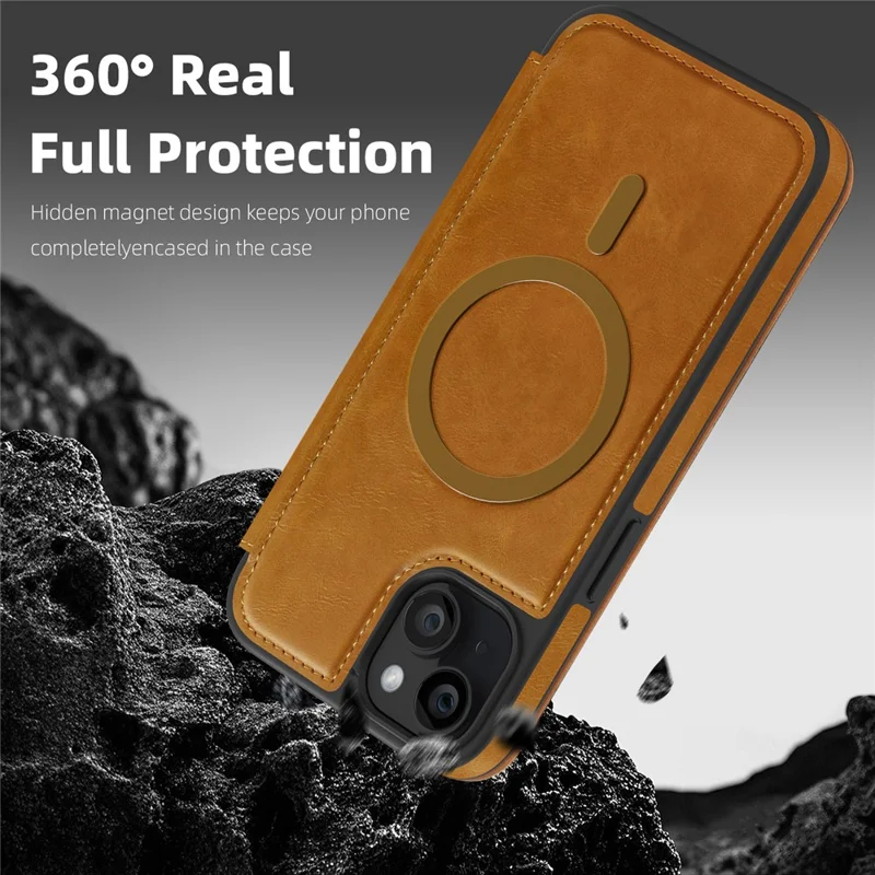 For iPhone 15 Plus Case Compatible with MagSafe RFID Blocking Card Holder Leather Phone Cover - Brown
