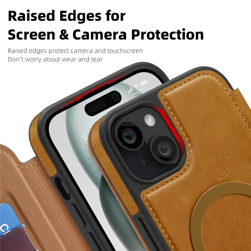 For iPhone 15 Plus Case Compatible with MagSafe RFID Blocking Card Holder Leather Phone Cover - Brown