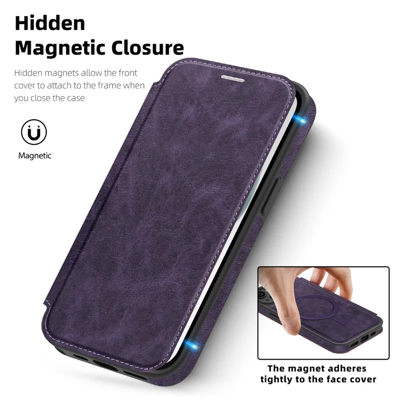 For iPhone 15 Case Compatible with MagSafe RFID Blocking Card Holder Leather Phone Cover - Dark Purple