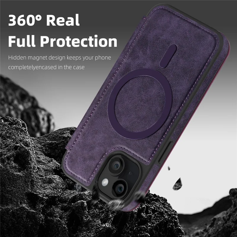 For iPhone 15 Case Compatible with MagSafe RFID Blocking Card Holder Leather Phone Cover - Dark Purple