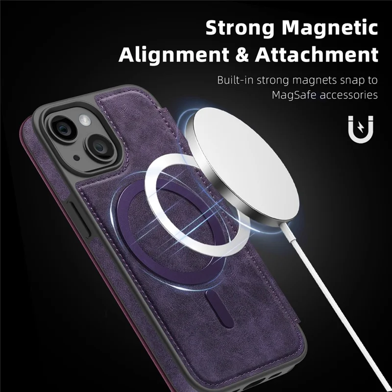 For iPhone 15 Case Compatible with MagSafe RFID Blocking Card Holder Leather Phone Cover - Dark Purple
