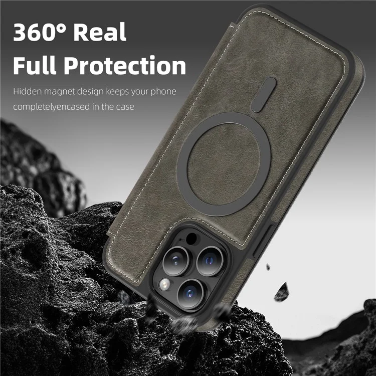 For iPhone 14 Pro Max Case Compatible with MagSafe RFID Blocking Card Holder Leather Phone Cover - Titanium Grey