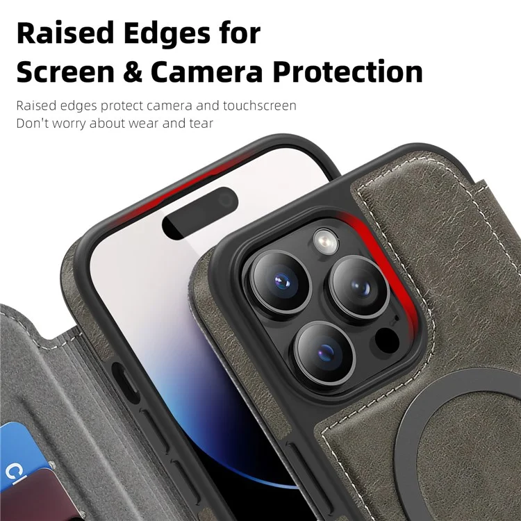 For iPhone 14 Pro Max Case Compatible with MagSafe RFID Blocking Card Holder Leather Phone Cover - Titanium Grey