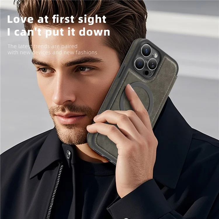 For iPhone 14 Pro Max Case Compatible with MagSafe RFID Blocking Card Holder Leather Phone Cover - Titanium Grey