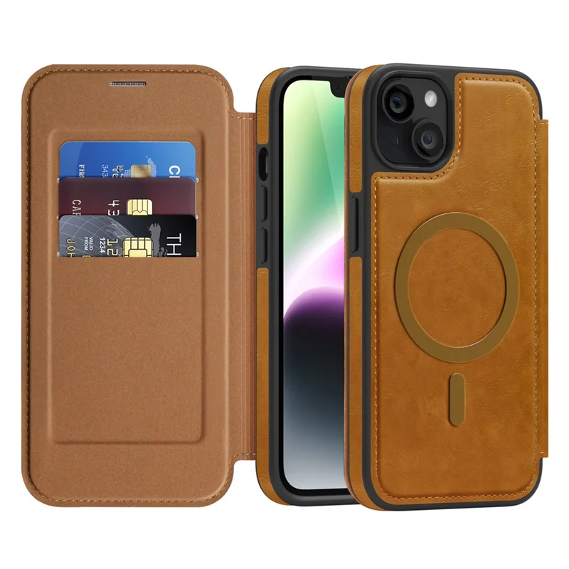 Cover per iPhone 14 Plus Compatibile con MagSafe, Porta Carte con Blocco RFID, Cover in Pelle - Marrone
