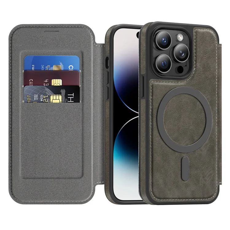 For iPhone 14 Pro Case Compatible with MagSafe RFID Blocking Card Holder Leather Phone Cover - Titanium Grey